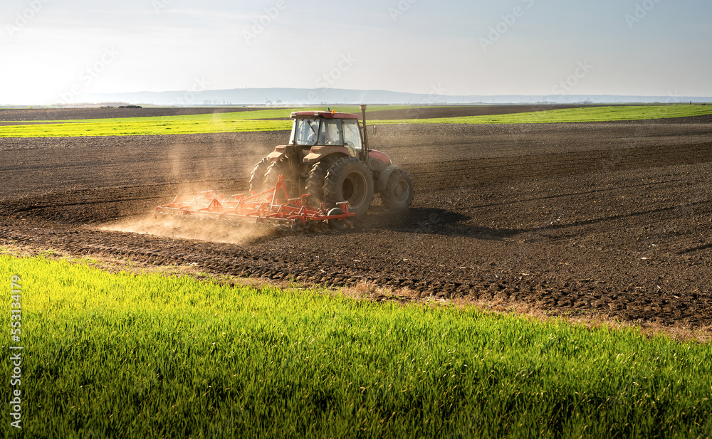 Obraz premium Tractor is preparing the land at dusk