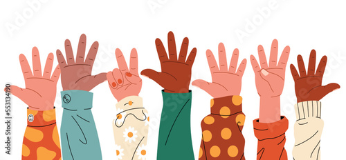 Raised hands. Cartoon human palms with different gestures, group of diverse people arms rising together volunteer community concept. Vector flat banner photo
