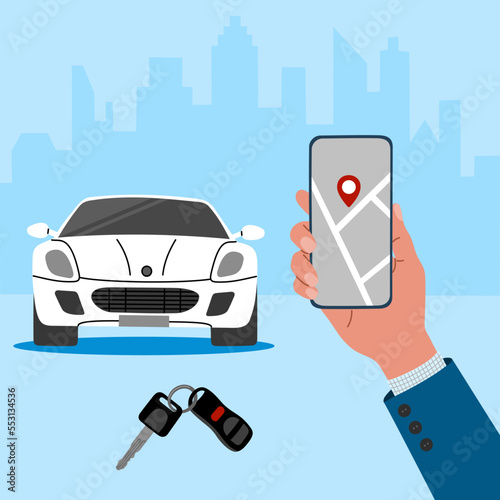 Modern car sharing or car rental service concept. Hand holds smartphone with route and point location on a city map, white sport car and car keys. Flat vector illustration isolated on blue background.