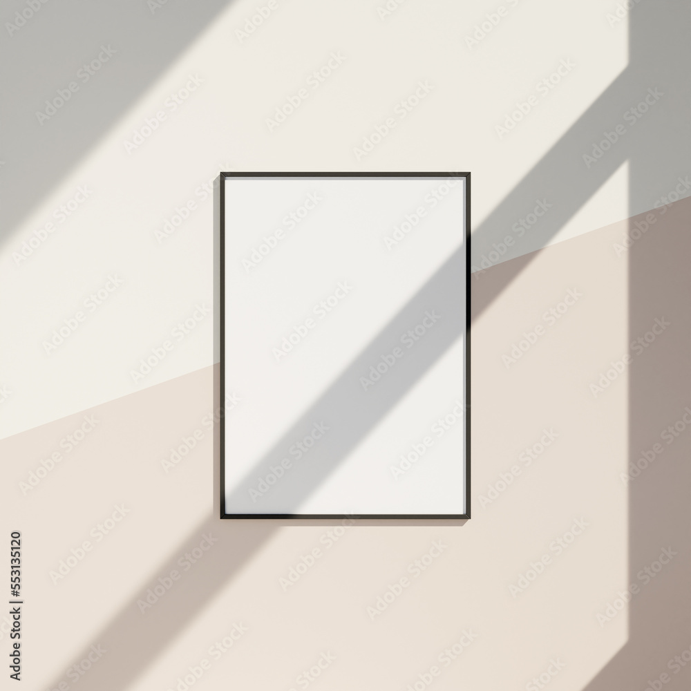 frame mockup on clean wall. Poster mockup. Clean, modern, minimal frame. Hanging photo mockup.