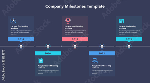 Company milestones template with five steps - dark version.