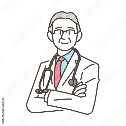 Elderly male doctor in white coat, stethoscope lowered, smiling and folding his arms [Vector illustration].