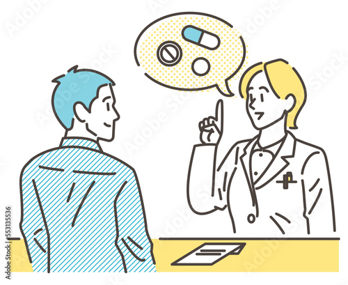 Vector illustration of a female pharmacist in a white coat explaining to a male patient how to take his medicine.