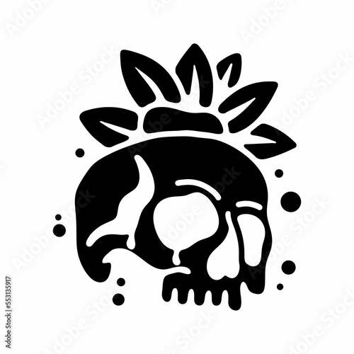 Black and white color of skull and flowers tattoo