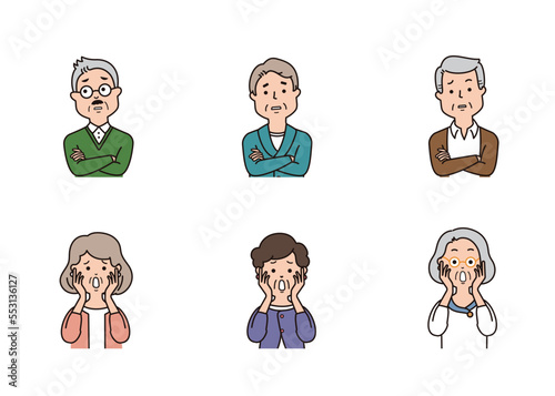 シニアの表情アイコン　考える・驚く・ショック