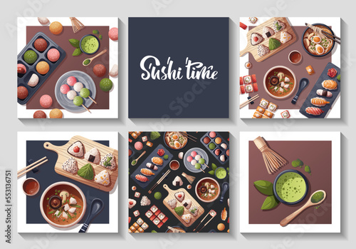 Set of cards with Sushi, Miso soup, ramen, onigiri, dango, mochi, matcha. Japanese food, healthy eating, cooking, menu concept. Vector illustration. Square card, cover, poster.