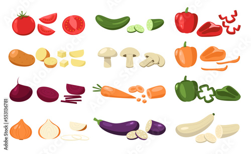 Sliced vegetables. Cartoon whole chopped green organic food  natural ingredients carrot cucumber onion tomato pepper flat style. Vector isolated set