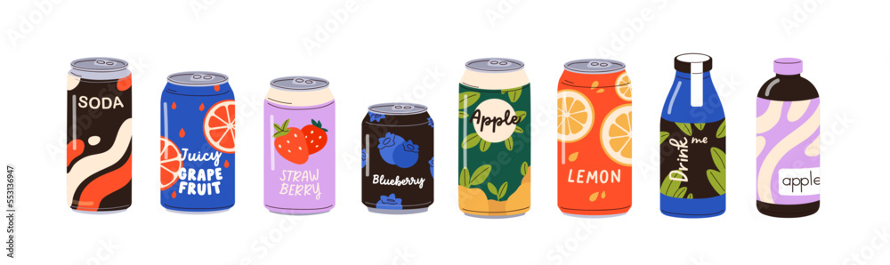 Cold drinks in cans, tins, bottles set. Soda, fruit lemonades, sweet fizzy beverages, fruity carbonated water, sugar juices, berry cocktails. Flat vector illustrations isolated on white background Cold drinks in cans, tins, bottles set. Soda, fruit lemonades, sweet fizzy beverages, fruity carbonated water, sugar juices, berry cocktails. Flat vector illustrations isolated on white background