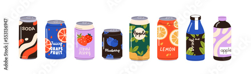 Cold drinks in cans, tins, bottles set. Soda, fruit lemonades, sweet fizzy beverages, fruity carbonated water, sugar juices, berry cocktails. Flat vector illustrations isolated on white background