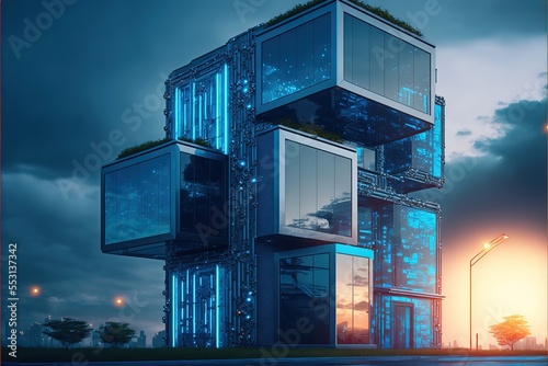 Development architecture computer systems of smart building. Futuristic modern illustration in blue neon colors. AI