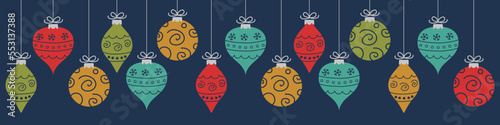 Hand drawn Christmas balls. Panoramic header. Vector illustration