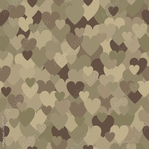 Military Seamless Pattern with Tan Heart Spots. Camouflage Background