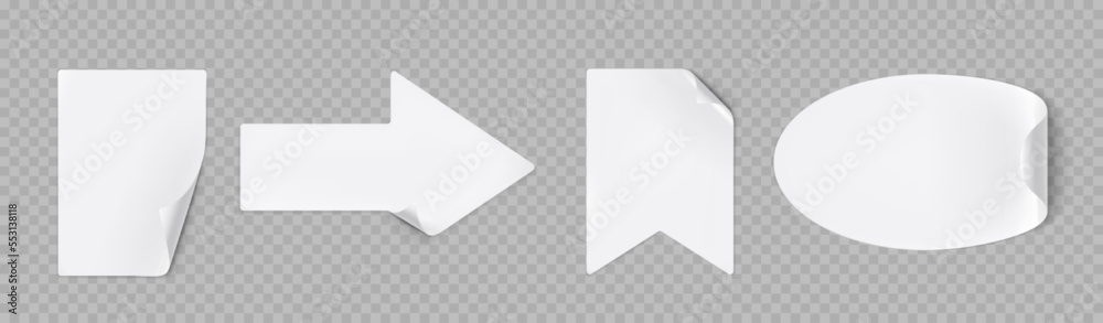 White stickers peel off, rectangular, arrow, flag and oval shapes with shadow and curled edges. Tags, sticky notes for memo, isolated Paper adhesive tape, empty blanks mockup, Realistic 3d vector set