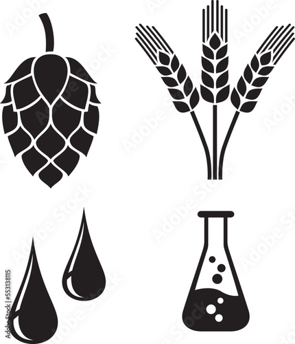Brewing Ingredients Icons. Hops, Barley,  Water. Black and White. Vector Illustration.