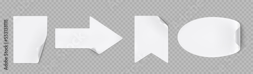 White stickers peel off, rectangular, arrow, flag and oval shapes with shadow and curled edges. Tags, sticky notes for memo, isolated Paper adhesive tape, empty blanks mockup, Realistic 3d vector set