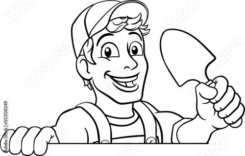A gardener, handyman or farmer cartoon caretaker contractor man holding a garden spade tool. Peeking over a sign.