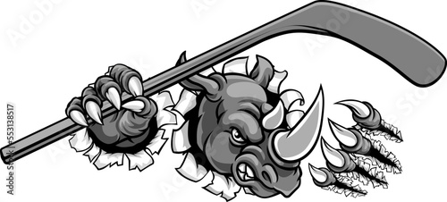 Canvas Print A rhino ice hockey player animal sports mascot holding a hockey stick