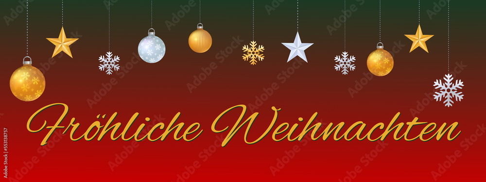 Carte de vœux chic Joyeux Noël en allemand avec des étoiles, des flocons, et des boules de noël or et argent