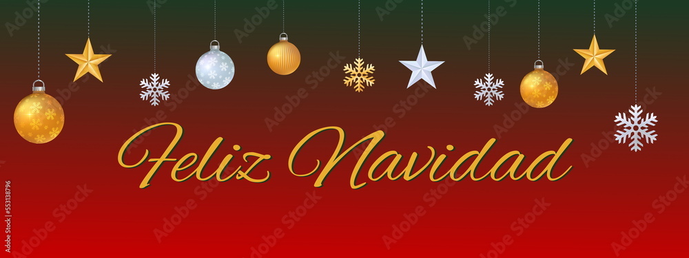 Carte de vœux chic Joyeux Noël en espagnol avec des étoiles, des flocons, et des boules de noël or et argent