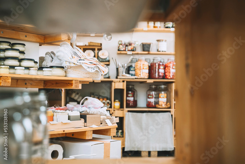 Racks with merchandise in convenience store