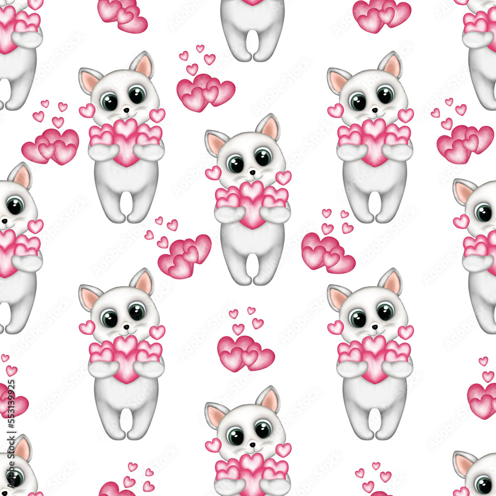 Seamless pattern with baby kitten and pink hearts. Valentine’s Day, birthday,greeting cards,fabric and textile.