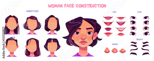 Asian girl face construction set. Avatar creation with different hairstyles, eyes, noses, brows and lips isolated on white background, vector cartoon set of chinese woman face generator