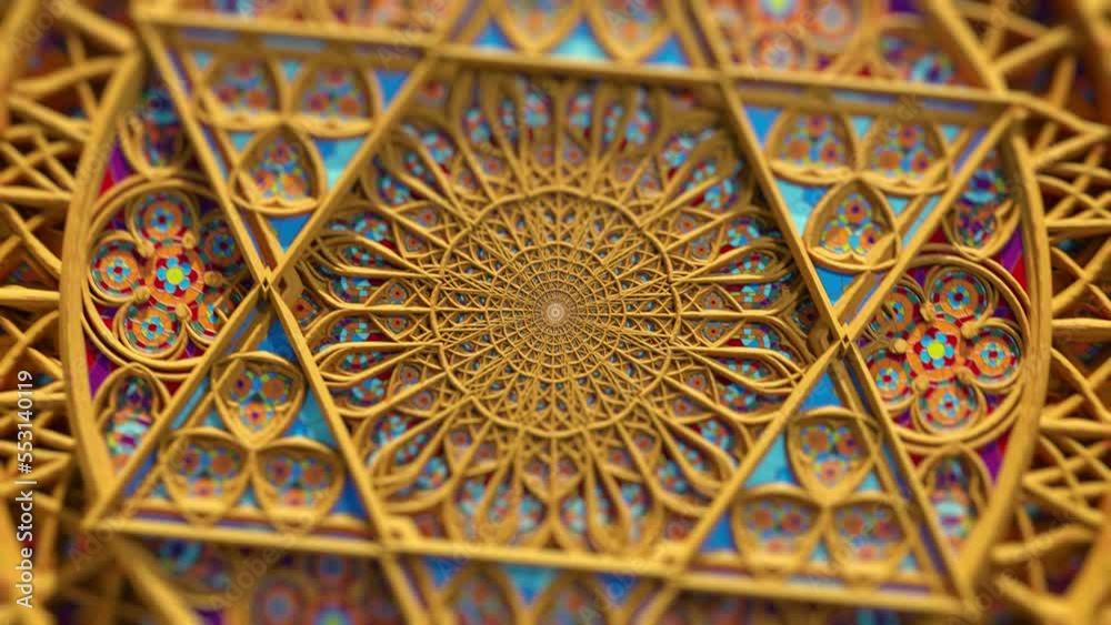 Kaleidoscope mandala abstract background mysterious art geometry, visual futuristic symmetry ornate design shapes 3D video optical illusion.