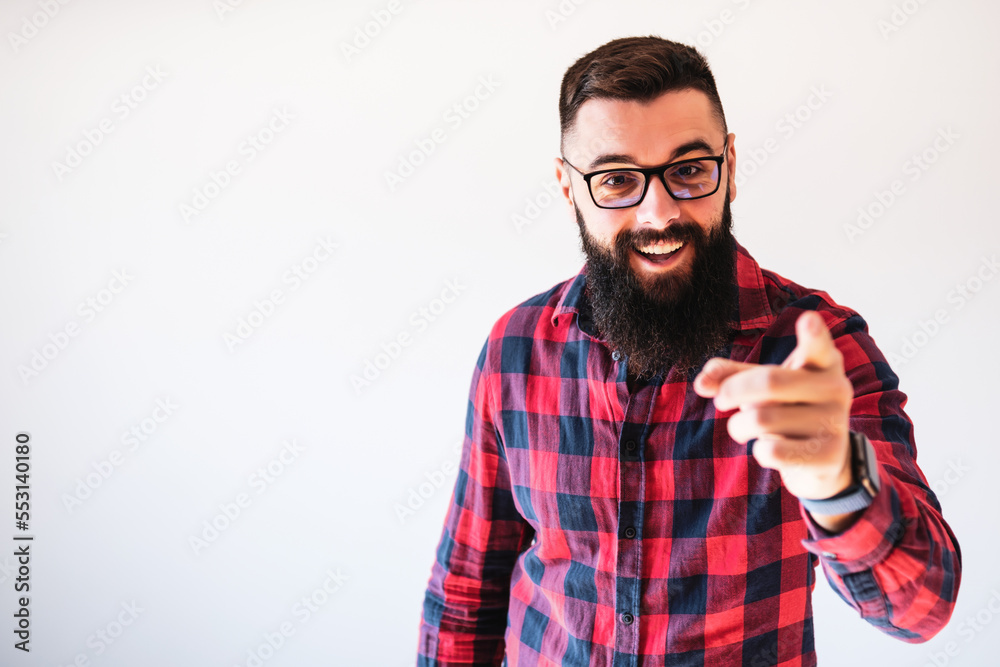 Portrait of man who is pointing. Copy space on image for your text or advert. Portrait of man who is pointing. Copy space on image for your text or advert.