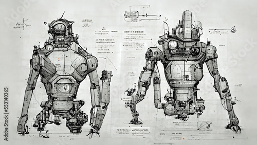Technical Drawings and blueprint of imaginary Robots.

