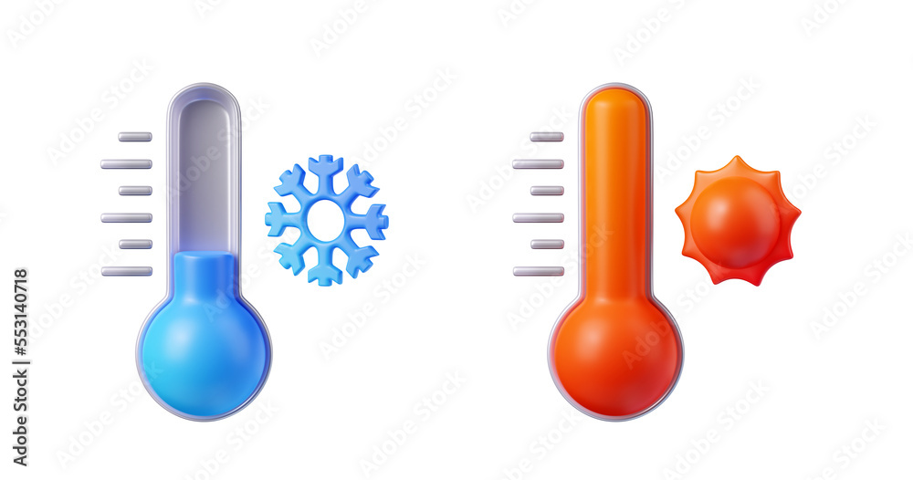 3d render thermometers show hot and cold temperature, winter or summer weather forecast, climate icons, elements for web design. Cartoon illustration in plastic style isolated on white background - obrazy, fototapety, plakaty 