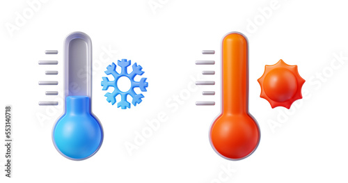 3d render thermometers show hot and cold temperature, winter or summer weather forecast, climate icons, elements for web design. Cartoon illustration in plastic style isolated on white background