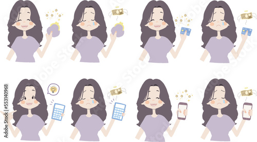 【お金イラスト/お財布、カード、電卓、スマホを持っている女の子】表情とポーズのバリエーションセット