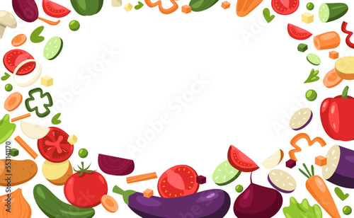 Sliced vegetables framing. Cartoon chopped fresh pepper onion eggplant mushroom cucumber tomato, pieces of vegetables for cooking. Vector healthy food frame banner