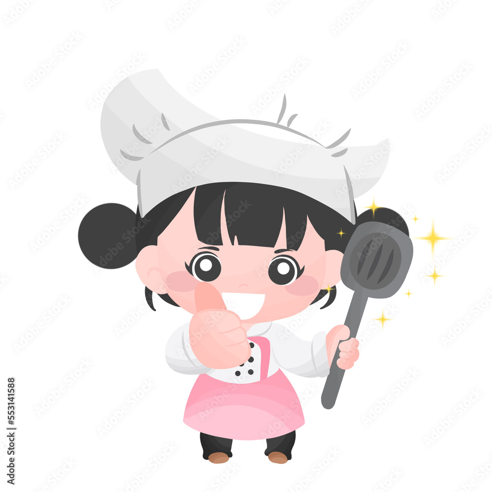 cute girl cooking, female chef show thumb up and holding turner, woman cooking in chef costume cute girl cooking, female chef show thumb up and holding turner, woman cooking in chef costume