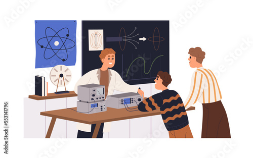 School teacher and students at physics class, lesson in classroom. Scientist and kids pupils conducting experiment in laboratory, study lab. Flat vector illustration isolated on white background