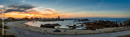 France, Brittany, Plouneour-Brignogan-Plages, Panoramic view of Plage du Bihou beachat dawn photo