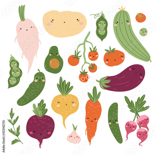 Vector cartoon vegetable characters. Cute organic sticker set isolated on the white background. Funny illustration in hand-drawn style. 