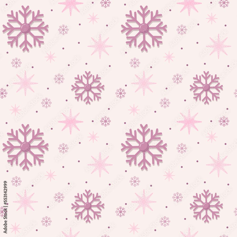 Snowflakes of different shapes. Seamless winter pattern. Pink trendy color palette. Vector Christmas design. Snowflakes of different shapes. Seamless winter pattern. Pink trendy color palette. Vector Christmas design.