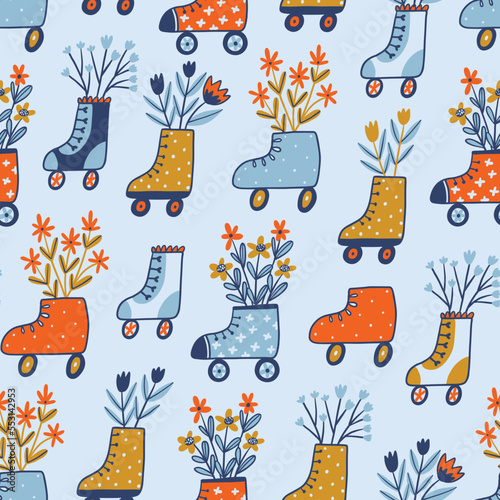 Retro rollers with floral bouquets. Vector seamless pattern in hand-drawn style. Cute floral colorful fabric design for kids.