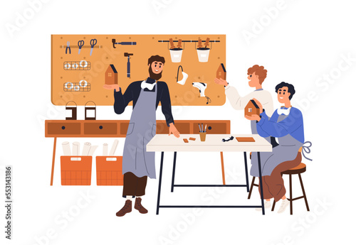 Craft teacher and children students learning carpentry at school. Pupils with DIY wood works at lesson in classroom. Apprentices of artisan. Flat vector illustration isolated on white background