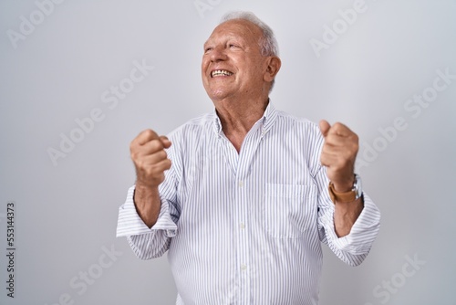 Senior man with grey hair standing over isolated background celebrating surprised and amazed for success with arms raised and eyes closed. winner concept.