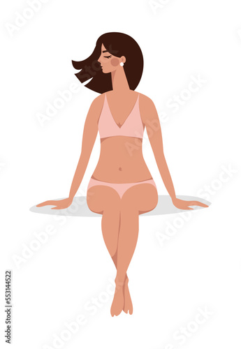 Beautiful sitting woman in lingerie, flat cartoon illustration for cosmetology, beauty spa. Nude Asian girl in a swimsuit, design element. Flat isolated vector on white background.
