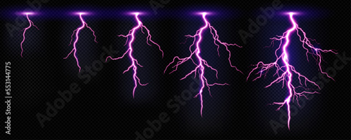 Animation sprite sheet of thunderbolt strike. Purple lightning, electric power impact, thunderstorm energy discharge isolated on transparent background, vector realistic set