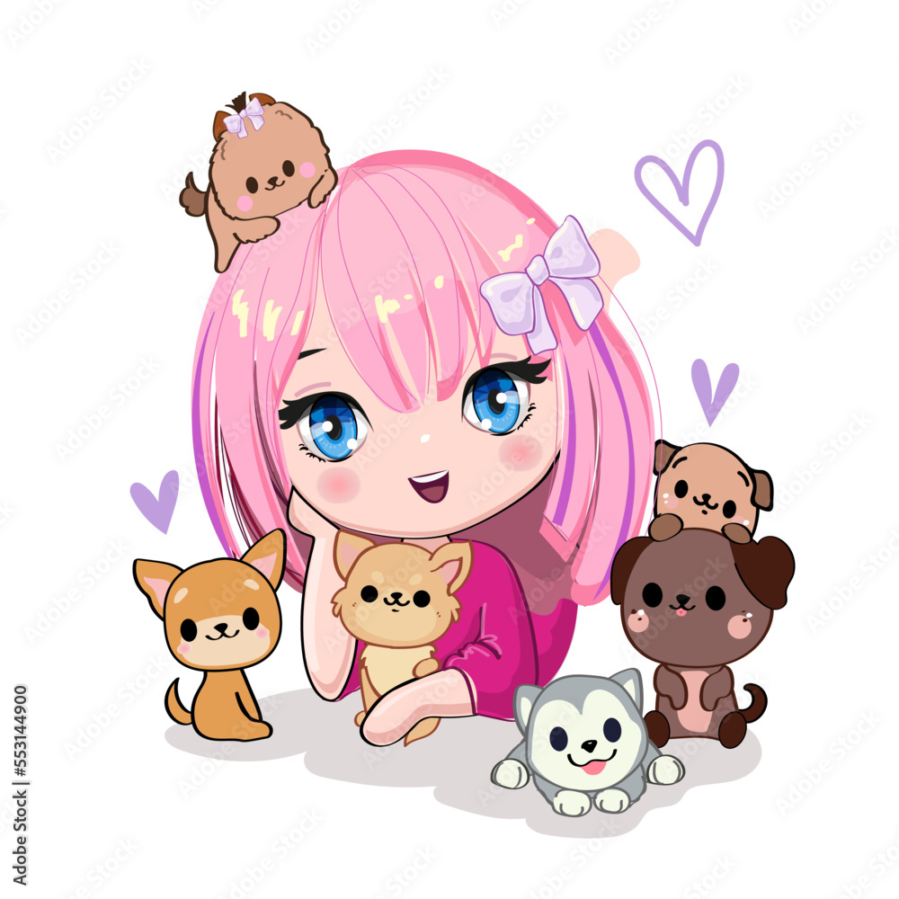 Cute cartoon girl in anime style with kawaii dogs. Vector illustration for children t-shirt print on a white background Cute cartoon girl in anime style with kawaii dogs. Vector illustration for children t-shirt print on a white background
