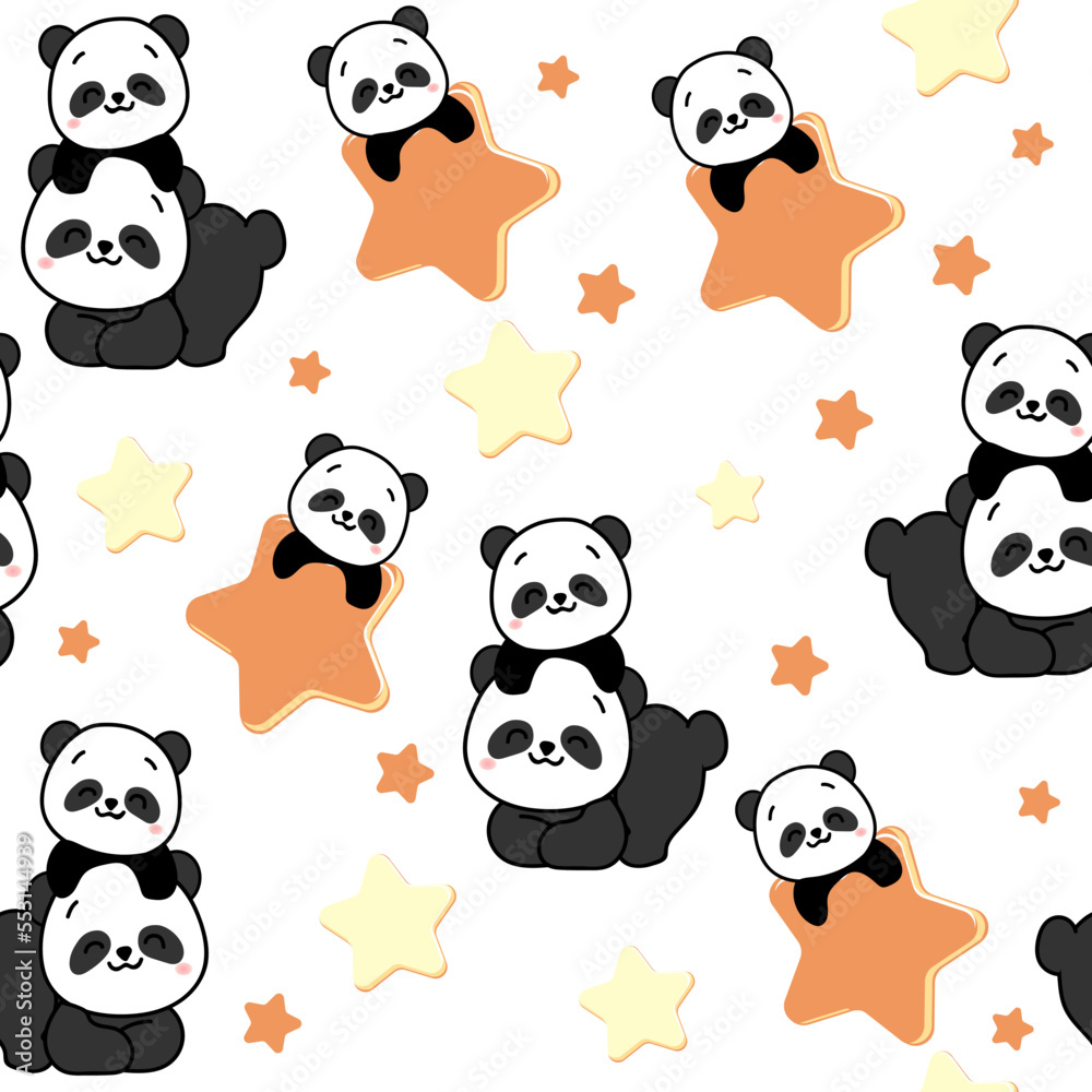 Obraz premium Cute cartoon panda toys. Vector illustration print for t-shirt in kawaii style seamless pattern