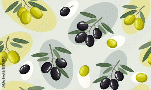 
Vector seamless pattern of black and green olive branches with leaves and individual berries. Vegetable pattern on a blue background with spots in a flat style. Ideal for print, wrapping paper, wallp