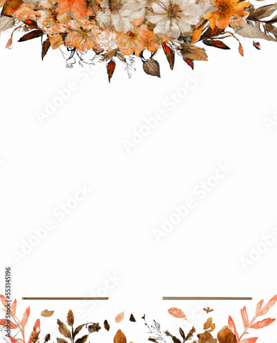 Autumn wedding invitation or event background with beautiful abstract harvest flowers and leaves with copy space generative ai illustration