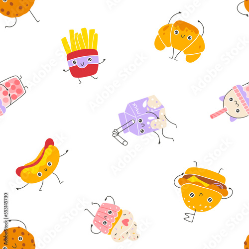 Dessert and fast food seamless pattern cute smile. Hand drawn nursery cartoon doodle kawaii character. Childish vector illustration in simple naive style. Perfect for fabrics, textiles, baby clothes.