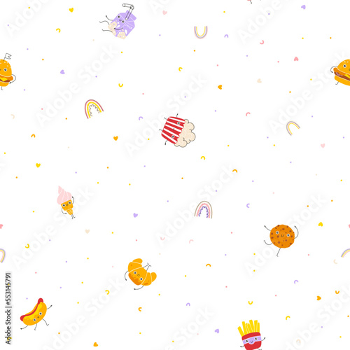 Dessert and fast food seamless pattern cute smile. Hand drawn nursery cartoon doodle kawaii character. Childish vector illustration in simple naive style. Perfect for fabrics, textiles, baby clothes.