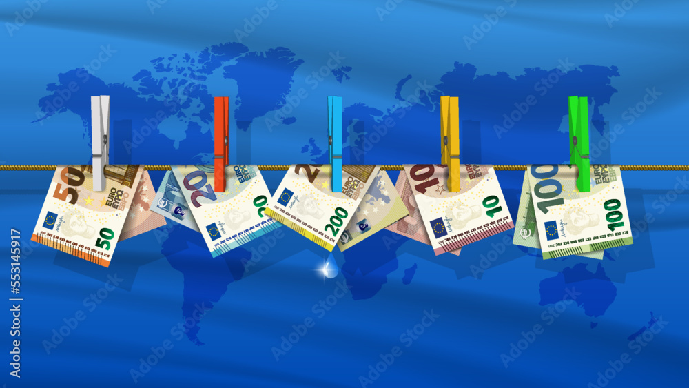 Naklejka premium Vector curved EU banknotes hang on a rope with clothespins against the backdrop of a wavy world map. Bills in denominations of 10, 20, 50, 100 euros to dry after washing. Anti-laundering banner.